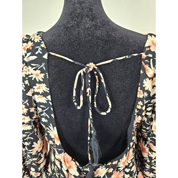 American Eagle Floral Print Black Dress Puff Sleeves & Open Back W/ Tie Detail M - Picture 7 of 12